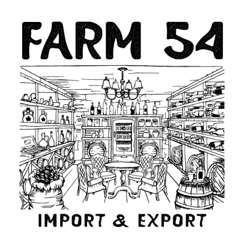 Black and white line art illustration of a vintage storefront or import/export warehouse with shelves, barrels, and a central table and chairs. Large text at the top reads 'FARM 54' and text at the bottom reads 'IMPORT & EXPORT'.